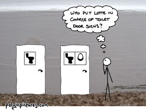 A comic of one nonbinary person's ideal public toilet situation; toilet doors with signs of toilets and urinals, rather than the usual male/female symbols.