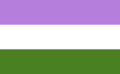 Genderqueer flag by Marilyn Roxie in 2011. Lavender, as a mix of pink and blue, is for androgynes and queerness. White is for agender. Dark chartreuse green (the inverse of lavender) is for gender outside the gender binary.[1]