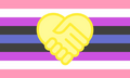 Amicagender flag created by Kiloueka.[34] Based on genderfluid flag colors. The hands forming a heart represent friendship.