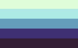 The flag has 5 horizontal strips. The first color is "DFFDD9, Nyanza." The second color is "ADEAE5, Celeste." The third color is "649DBB, Air Superiority Blue (ASB)." The forth color is "3F3073, Tekhelet." The fifth color is "341E35, Dark purple."