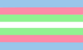 An omnigay/omnique flag by salppho. Intended as "combination of the sapphic, diamoric, and achillean flag colors in a configuration reflective of the trans flag."[88]