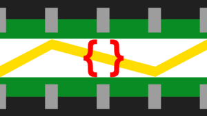 Machinegender pride flag. Top of flag is a dark gray, almost black bar, with five silver rectangles protruding perpendicular to it, as though it's a circuit chip. Next bar below that is green, as though embedding the circuit chip into the bar. This is reflected in the bottom row reversed. Middle row is white, with yellow lightning overlaid on it. Overlaid on that is a pair of matching red curly braces.