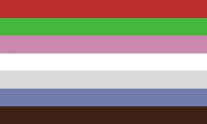 The teratogender flag represented by red, green, pink, white, grey, blue, and brown.